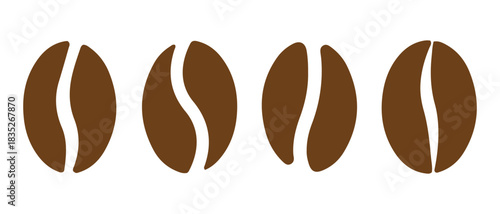 Four stylized brown coffee beans in a row, simple flat design icon.