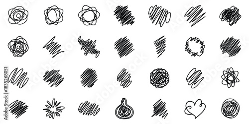 Collection of Hand-Drawn Scribble Circles and Lines Isolated on Transparent Background with Chaotic Doodles and Sketchy Illustration.