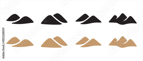 Stylized mountains and hills silhouette icon set design elements.
