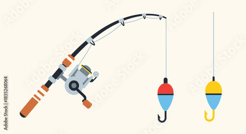 A simple illustration of a fishing rod with line reel and floats