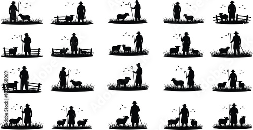 Silhouettes of shepherds with sheep in rural farm landscapes, traditional herding scenes, countryside livestock care, pastoral agriculture illustration