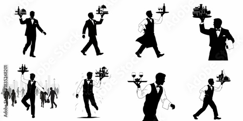 Vector silhouettes of waiters carrying trays with food and wine, depicting professional restaurant service, hospitality staff, catering, and delivery.