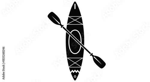 Simple black and white illustration of a kayak and its paddle