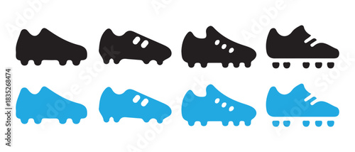 Football boots and soccer cleats icon set in black and blue designs.