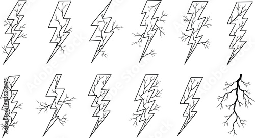 Black and White Thunderbolt with Branching Veins and Roots, Nature Meets Electricity Icon Set, Storm Energy, Tattoo Design Element, Vector Illustration on White