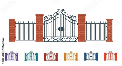 Elegant wrought iron gate with brick pillars and color variations displayed