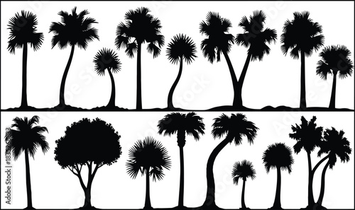 Set of palm tree silhouettes isolated on a transparent checkered background summer symbols