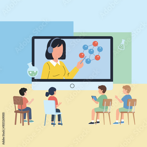 Teacher in Lab Coat Presenting Molecule Structure to Students via Laptop
