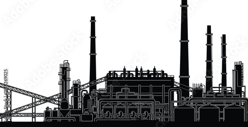 Black and white industrial factory silhouette: detailed vector icon illustration of a manufacturing plant, oil refinery, or chemical facility with pipes and high smokestacks