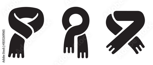 Set of three black scarf icons for winter fashion and cold weather.