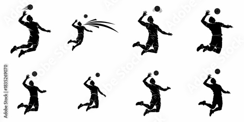 Eight vector silhouettes of volleyball players jumping to spike the ball, showcasing dynamic attack actions in black and white isolation.