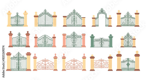 Colorful wrought iron gates and pillars in various architectural styles