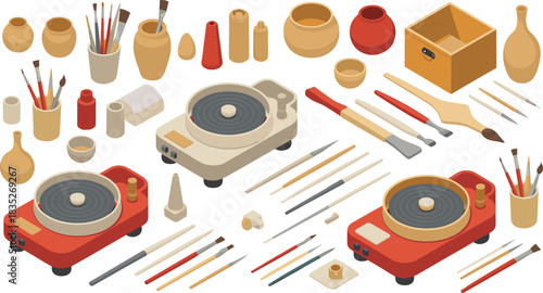 Isometric pottery studio set featuring wheels, sculpting tools, brushes, clay vessels, carving instruments and crafting equipment for ceramics workshop illustration