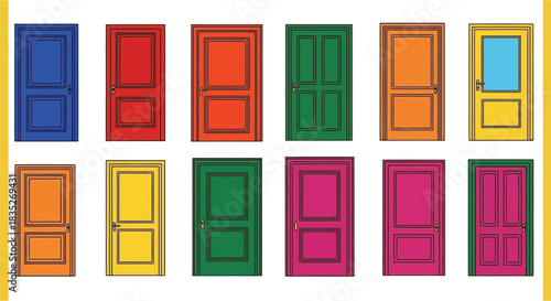 Colorful doors arranged in a grid pattern showcasing various hues and styles
