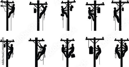 Electrician worker silhouette climbing utility pole installing transformer power line maintenance vector illustration, essential service repair, energy infrastructure.