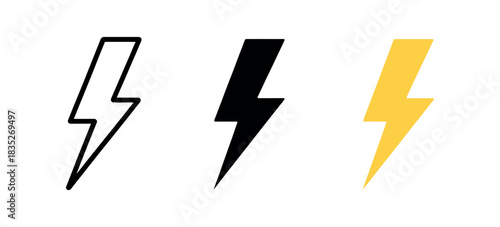 Lightning Icon Set Vector: Flash Symbol and Power Concept in Glyph, Outline, and Pop Art Style