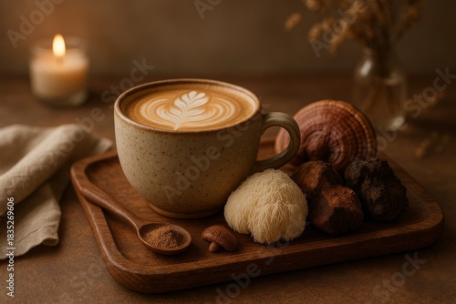 Mushroom latte in ceramic cup with lions mane, reishi, chaga on wooden plate. Adaptogenic coffee, functional beverage
