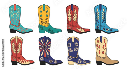 Colorful assortment of western cowboy boots in a decorative flat design