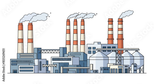 Industrial complex with multiple smokestacks emitting pollution into the atmosphere