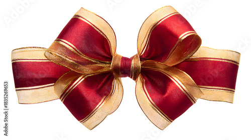 Red and gold ribbon bow tied elegantly for gift wrapping isolated on white background