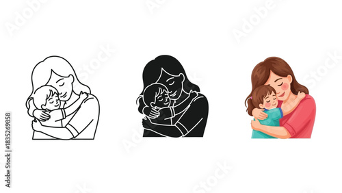 Mother lovingly hugging her happy child in three different styles outline, silhouette and full color illustration