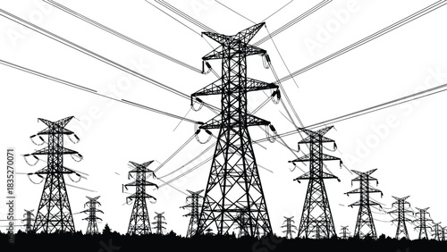 High Voltage Power Transmission Towers Silhouetted Against White Sky, Carrying Electricity Over Forest Landscape, Essential Infrastructure, Electrical Energy Supply
