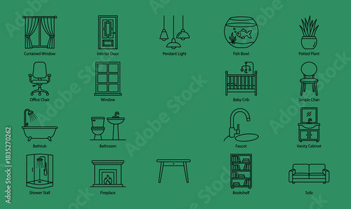 Home furniture and household interior appliances icon set, line style vector symbols, including sofa, wardrobe, socket, toilet, window, smart TV, and dresser.