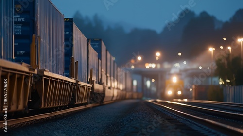 Rail workers inspecting the wheels of a stationary freight train with handheld flashlights during a foggy pre-dawn shift — rail safety protocols, industrial maintenance, and early-morning