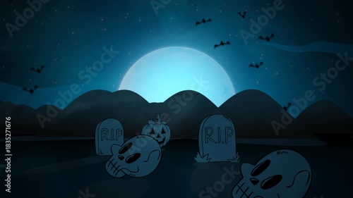 spooky night cemetery, eerie nocturnal graveyard filled with flying bats and fog