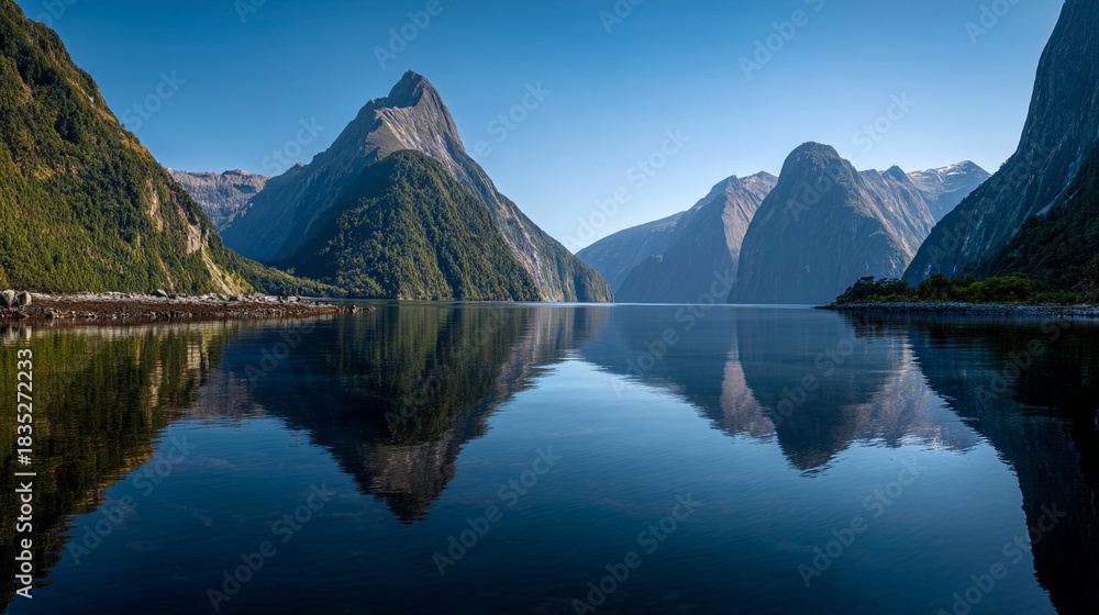 Naklejka premium Serene lake reflects towering mountains under a clear blue sky in a tranquil landscape view