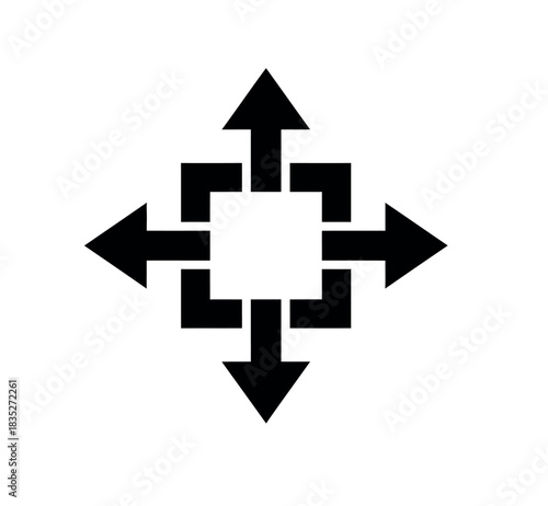An abstract symbol with arrows pointing outwards from a central square represents expansion and direction.