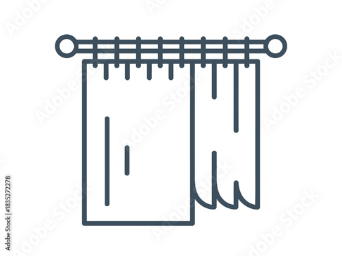 A simple line drawing of a curtain hanging from a rod with rings