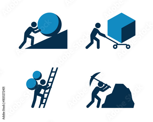 Four stylized icons depict human figures performing various tasks, symbolizing effort, industry, and progress.