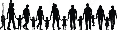 Family silhouette vector, parent child pose, diverse group illustration, minimal black design, emotional bond, scalable art, posture study, white background