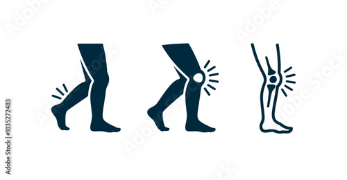 Iconic representations of a human leg showing a progression of movement and potential knee pain or injury.