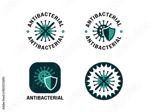 A collection of four distinct antibacterial badges featuring stylized virus icons and shields on a white background.