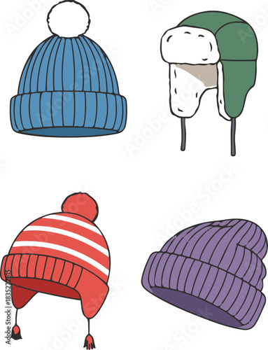 A set of four hand-drawn vector illustrations of winter hats, featuring a blue beanie with a white pom-pom, a green fur-lined trapper hat, a red striped Peruvian cap with tassels, and a purple ribbed 