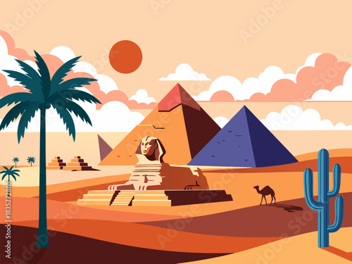 Flat design vector illustration of the famous Egyptian pyramids and Sphinx in a scenic desert landscape with a camel and palm tree