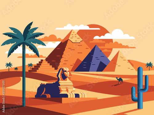 Modern vector illustration of ancient Egyptian pyramids and the Great Sphinx in a warm desert landscape for travel concepts