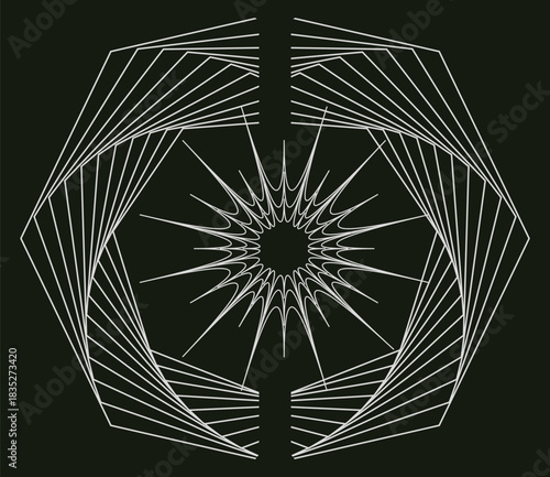 Abstract Geometric Pattern with Central Star and Radiating Lines, a Modern Optical Illusion Artwork. Dynamic white line art on a dark background, featuring a spiky star within an expanding polygonal s