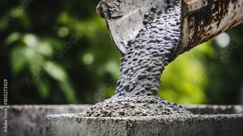 Wallpaper Mural Construction Material Pouring from Metal Bucket to Concrete Structure with Blurry Green Foliage Torontodigital.ca