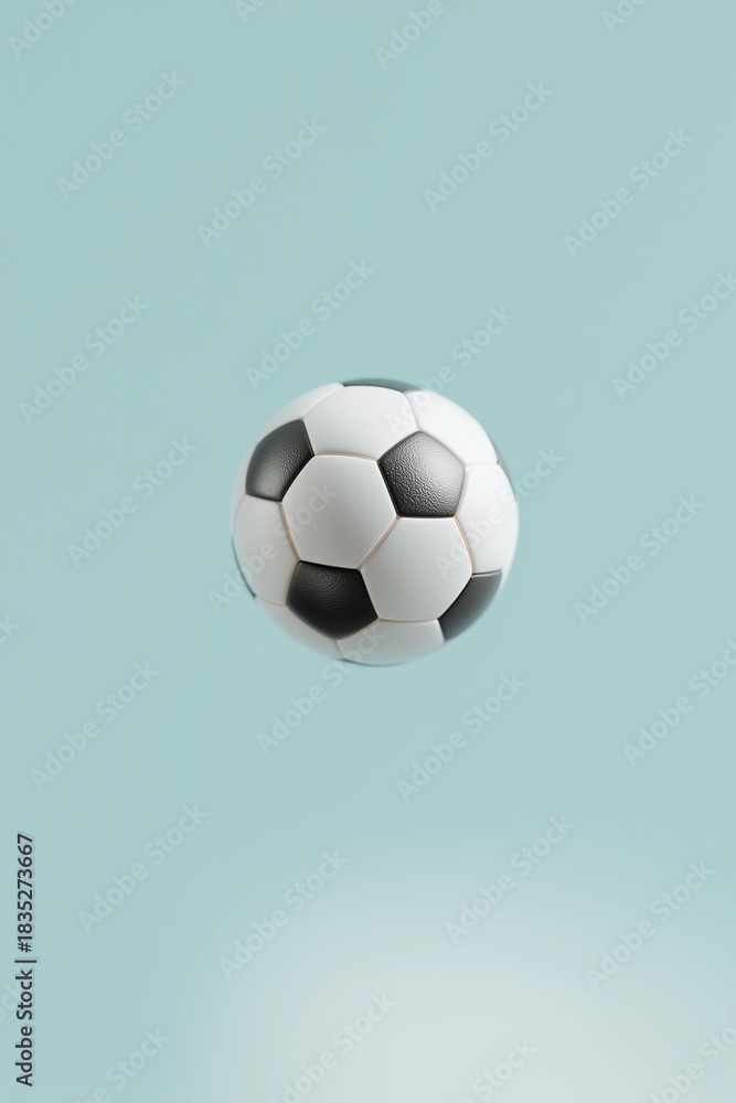 Obraz premium Classic black and white soccer ball floating in mid-air against a clean, light blue background. Concept of sport, game, and athleticism with copy space