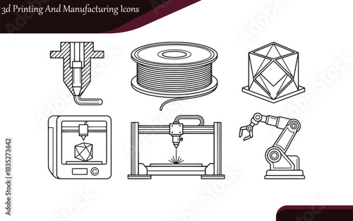 3D Printing & Manufacturing Line Icons | Additive, Industrial Robotic Arm, Filament Vector Set