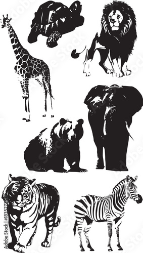 Black Silhouette Collection of Wild Animals, featuring a Giraffe, Lion, Elephant, Tiger, Zebra, Bear, and Turtle, perfect for Safari and Zoo themed designs