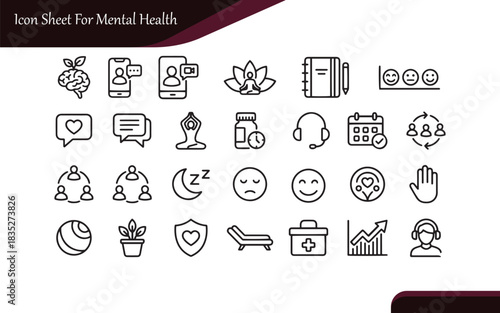 Mental Health & Wellness Line Icons | Therapy, Meditation, Stress, Self-Care Vector Set
