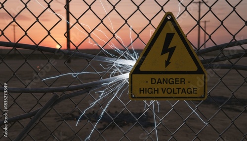 A warning sign for high voltage is seen on a fence, with sparks illuminating the area against a sunset backdrop.