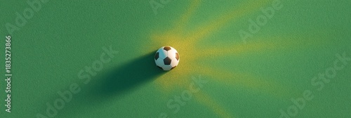 Single soccer ball centered on bright green background with abstract yellow spray paint streak