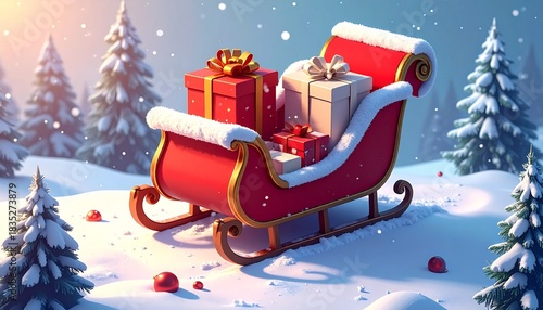 Santa's sleigh sits in the snow with gifts on a winter day surrounded by trees and snowflakes falling from the sky
