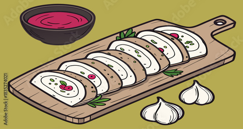 Hand-Drawn Stuffed Roast Roll Slices on Board with Lime Green Background