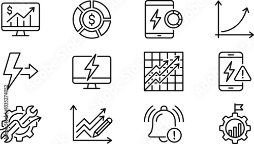 data analytics icons, energy monitoring, financial growth, power alert, performance tracking, pie chart, lightning bolt, gear wrench, smartphone warning, upward graph